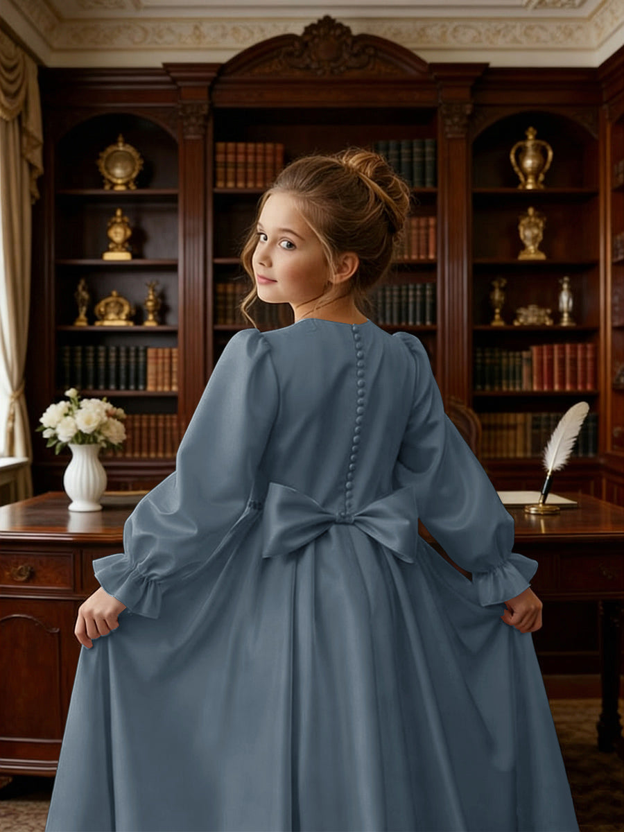 Long Puff Sleeve Satin Flower Girl Gown with Back Bow for Wedding Formal Events