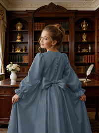 Long Puff Sleeve Satin Flower Girl Gown with Back Bow for Wedding Formal Events