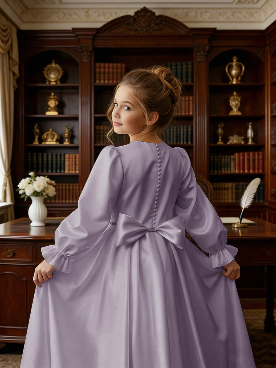 Long Puff Sleeve Satin Flower Girl Gown with Back Bow for Wedding Formal Events