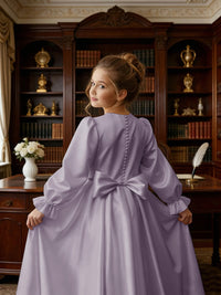 Long Puff Sleeve Satin Flower Girl Gown with Back Bow for Wedding Formal Events