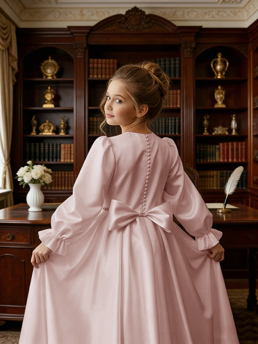 Long Puff Sleeve Satin Flower Girl Gown with Back Bow for Wedding Formal Events