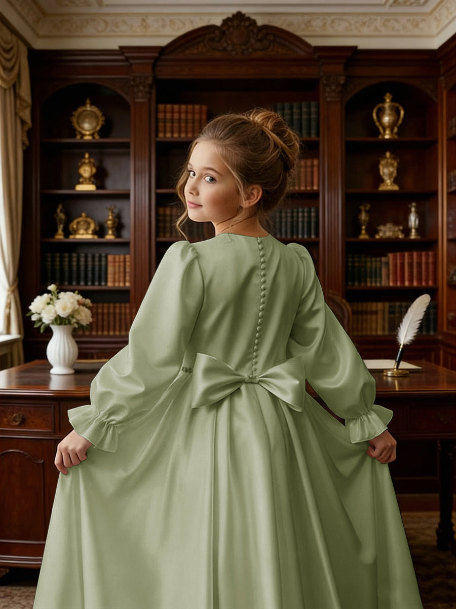 Long Puff Sleeve Satin Flower Girl Gown with Back Bow for Wedding Formal Events