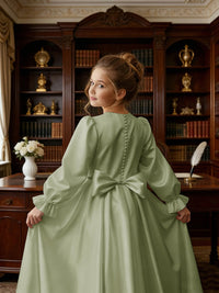 Long Puff Sleeve Satin Flower Girl Gown with Back Bow for Wedding Formal Events