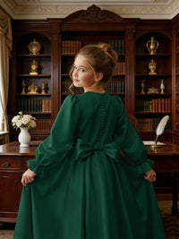 Long Puff Sleeve Satin Flower Girl Gown with Back Bow for Wedding Formal Events