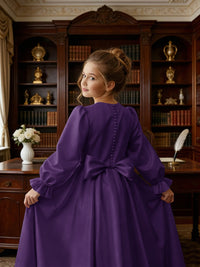 Long Puff Sleeve Satin Flower Girl Gown with Back Bow for Wedding Formal Events