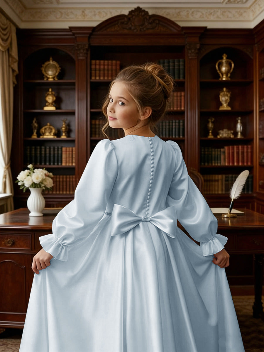 Long Puff Sleeve Satin Flower Girl Gown with Back Bow for Wedding Formal Events