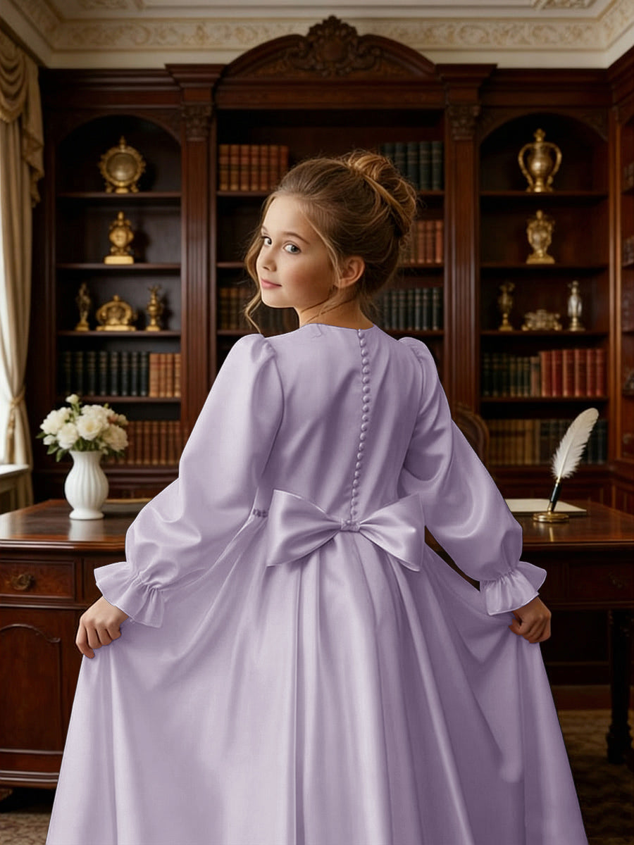 Long Puff Sleeve Satin Flower Girl Gown with Back Bow for Wedding Formal Events