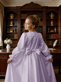 Long Puff Sleeve Satin Flower Girl Gown with Back Bow for Wedding Formal Events