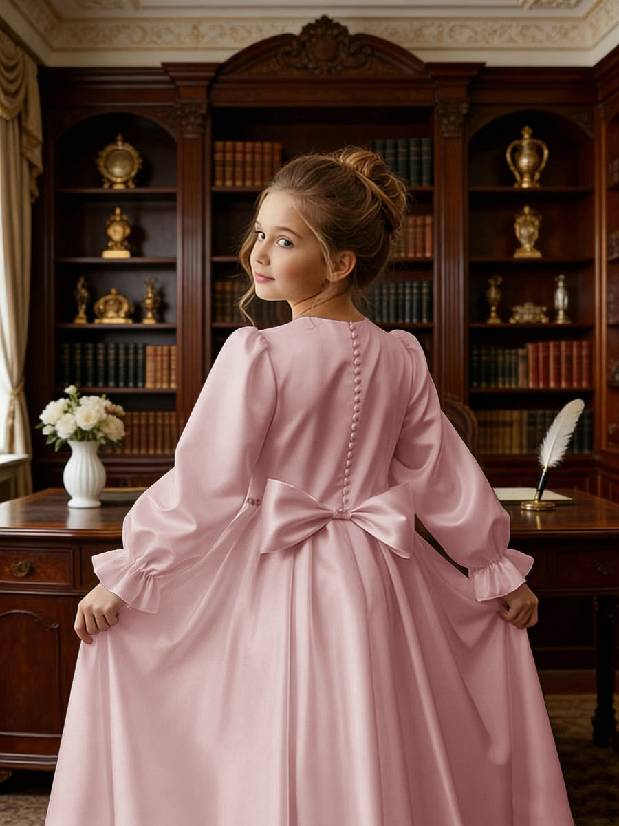 Long Puff Sleeve Satin Flower Girl Gown with Back Bow for Wedding Formal Events