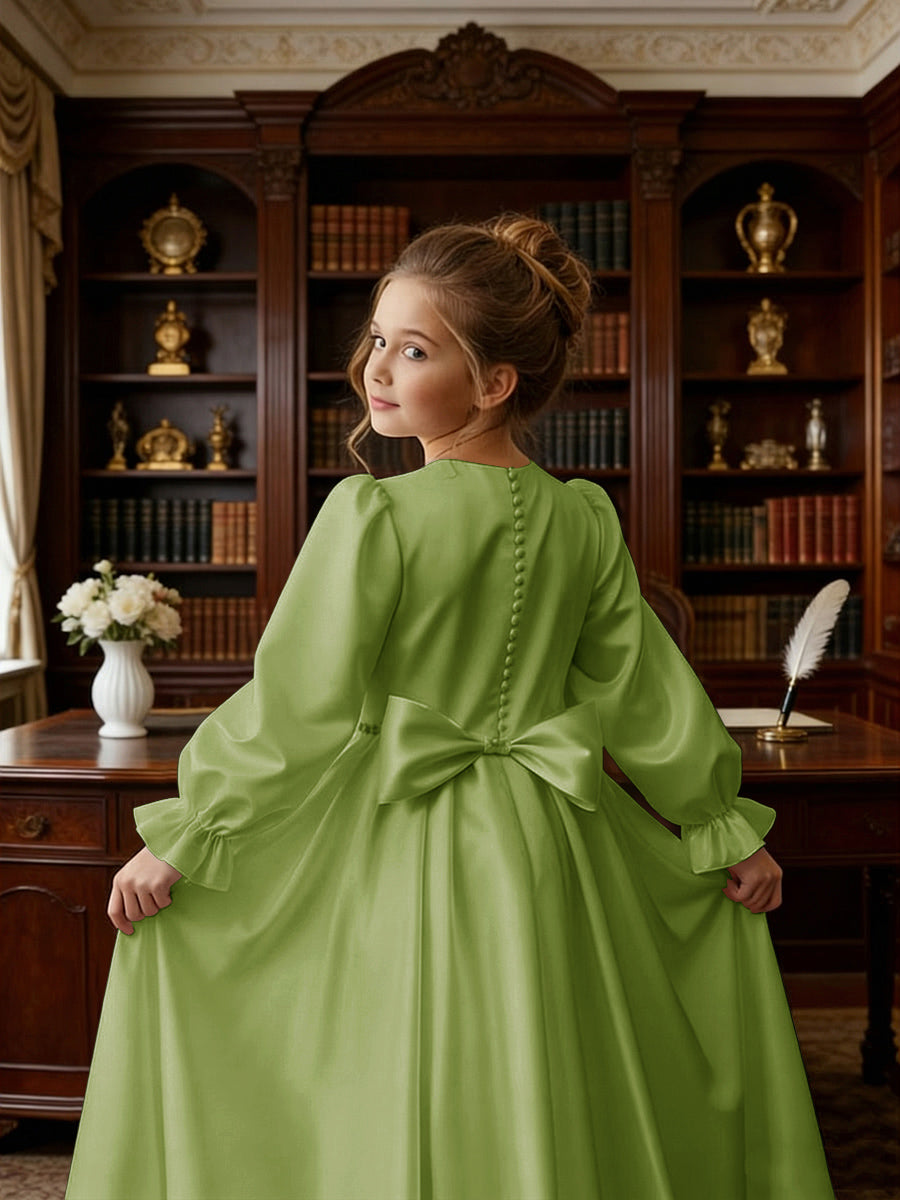 Long Puff Sleeve Satin Flower Girl Gown with Back Bow for Wedding Formal Events