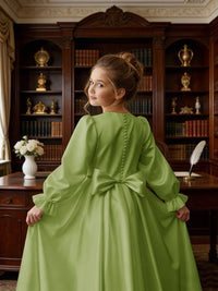 Long Puff Sleeve Satin Flower Girl Gown with Back Bow for Wedding Formal Events