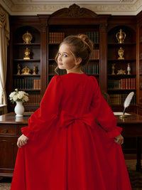 Long Puff Sleeve Satin Flower Girl Gown with Back Bow for Wedding Formal Events