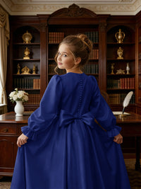 Long Puff Sleeve Satin Flower Girl Gown with Back Bow for Wedding Formal Events