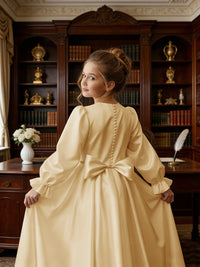 Long Puff Sleeve Satin Flower Girl Gown with Back Bow for Wedding Formal Events