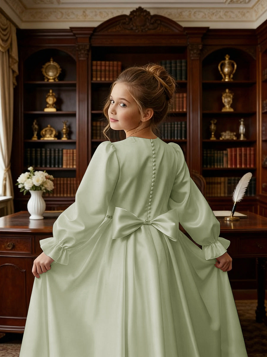 Long Puff Sleeve Satin Flower Girl Gown with Back Bow for Wedding Formal Events
