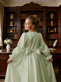 Long Puff Sleeve Satin Flower Girl Gown with Back Bow for Wedding Formal Events