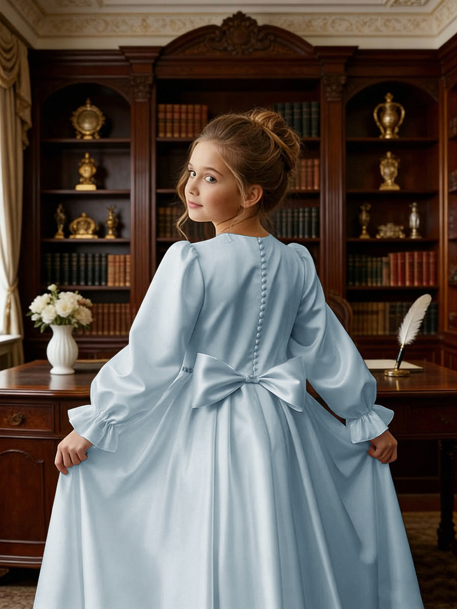 Long Puff Sleeve Satin Flower Girl Gown with Back Bow for Wedding Formal Events