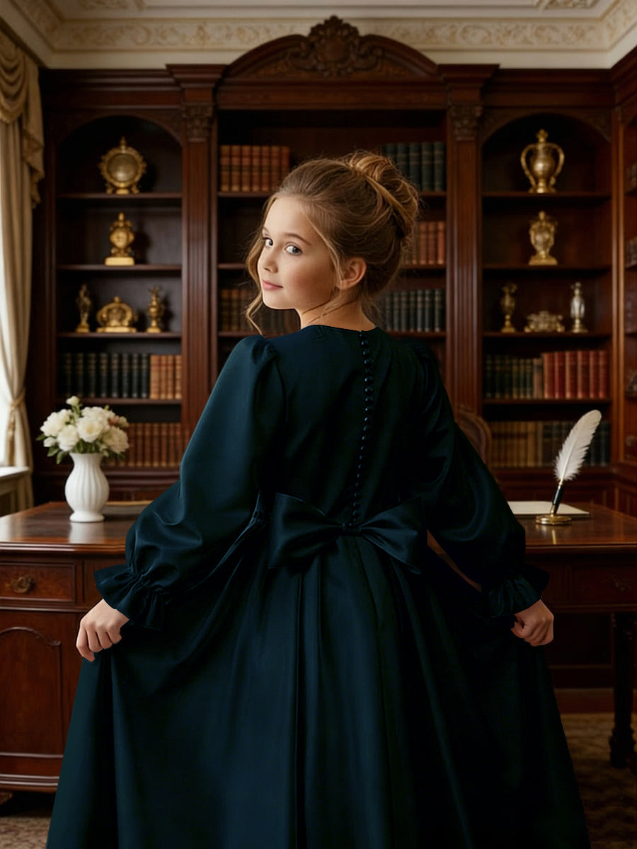 Long Puff Sleeve Satin Flower Girl Gown with Back Bow for Wedding Formal Events