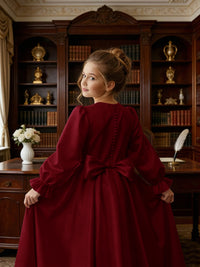 Long Puff Sleeve Satin Flower Girl Gown with Back Bow for Wedding Formal Events