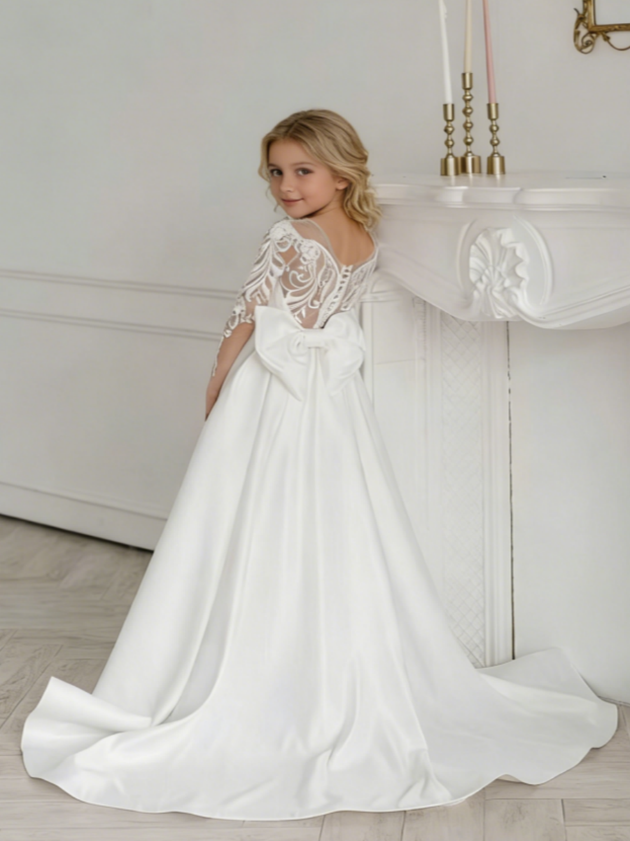 Lace Long Sleeve Flower Girl Gown with Back Bow for Wedding Formal Events