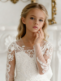 Lace Long Sleeve Flower Girl Gown with Back Bow for Wedding Formal Events