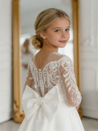 Lace Long Sleeve Flower Girl Gown with Back Bow for Wedding Formal Events