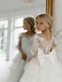 Lace Long Sleeve Flower Girl Gown with Back Bow for Wedding Formal Events