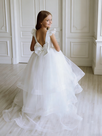 Ruffle Sleeve Tiered Tulle Flower Girl Gown with Back Bow for Wedding Formal Party