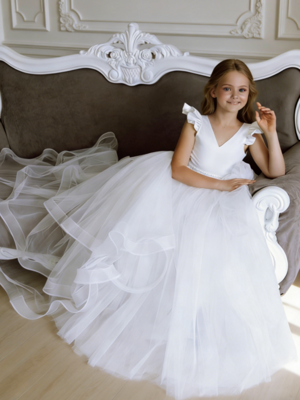 Ruffle Sleeve Tiered Tulle Flower Girl Gown with Back Bow for Wedding Formal Party