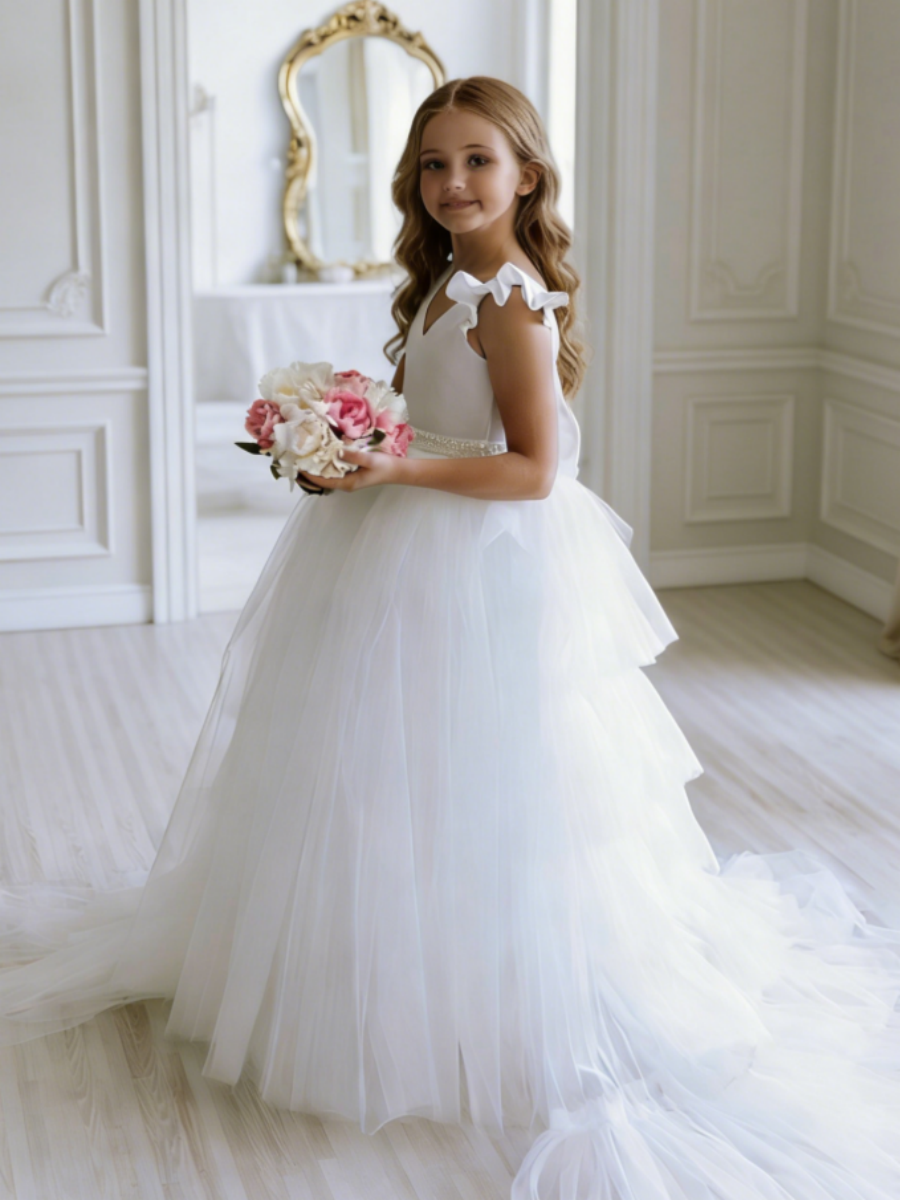 Ruffle Sleeve Tiered Tulle Flower Girl Gown with Back Bow for Wedding Formal Party