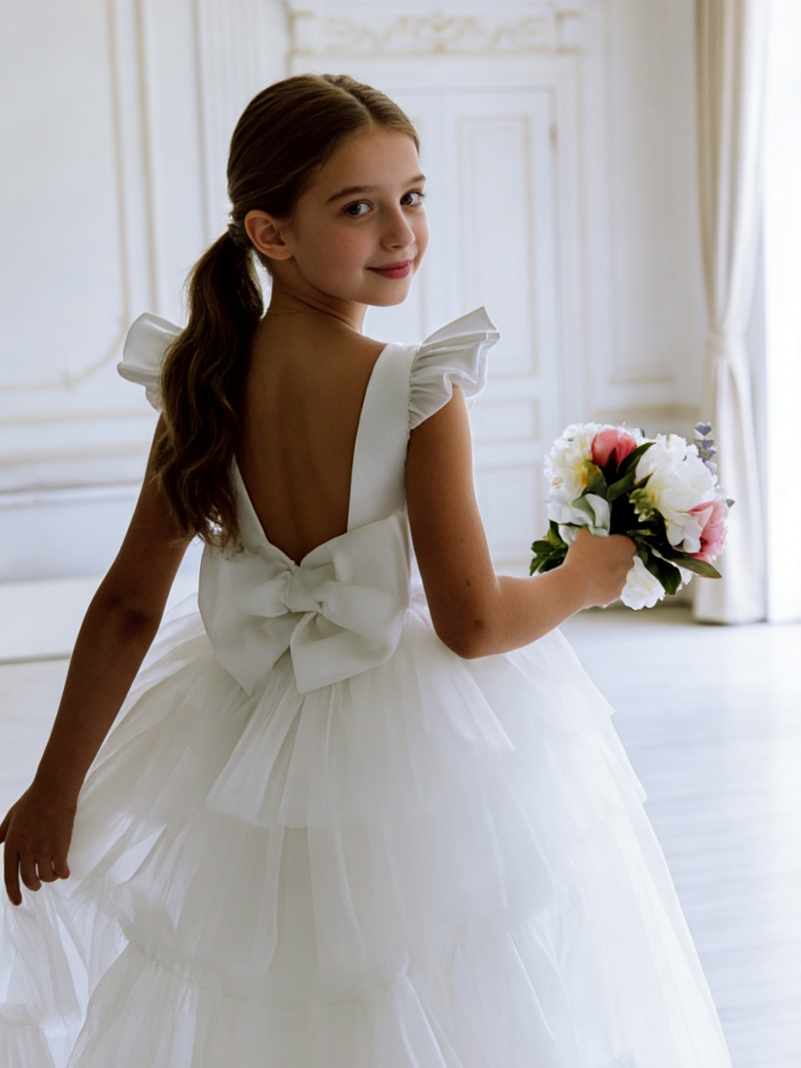 Ruffle Sleeve Tiered Tulle Flower Girl Gown with Back Bow for Wedding Formal Party