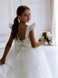 Ruffle Sleeve Tiered Tulle Flower Girl Gown with Back Bow for Wedding Formal Party