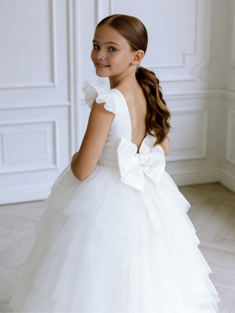 Ruffle Sleeve Tiered Tulle Flower Girl Gown with Back Bow for Wedding Formal Party