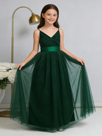 Chic Flower Girl Dress Spaghetti Strap V Neck Formal Gown with Bow Detail for Weddings Parties Pageants and Special Occasions