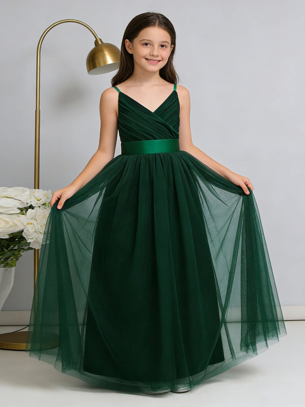 Chic Flower Girl Dress Spaghetti Strap V Neck Formal Gown with Bow Detail for Weddings Parties Pageants and Special Occasions