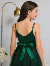 Chic Flower Girl Dress Spaghetti Strap V Neck Formal Gown with Bow Detail for Weddings Parties Pageants and Special Occasions
