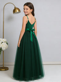 Chic Flower Girl Dress Spaghetti Strap V Neck Formal Gown with Bow Detail for Weddings Parties Pageants and Special Occasions
