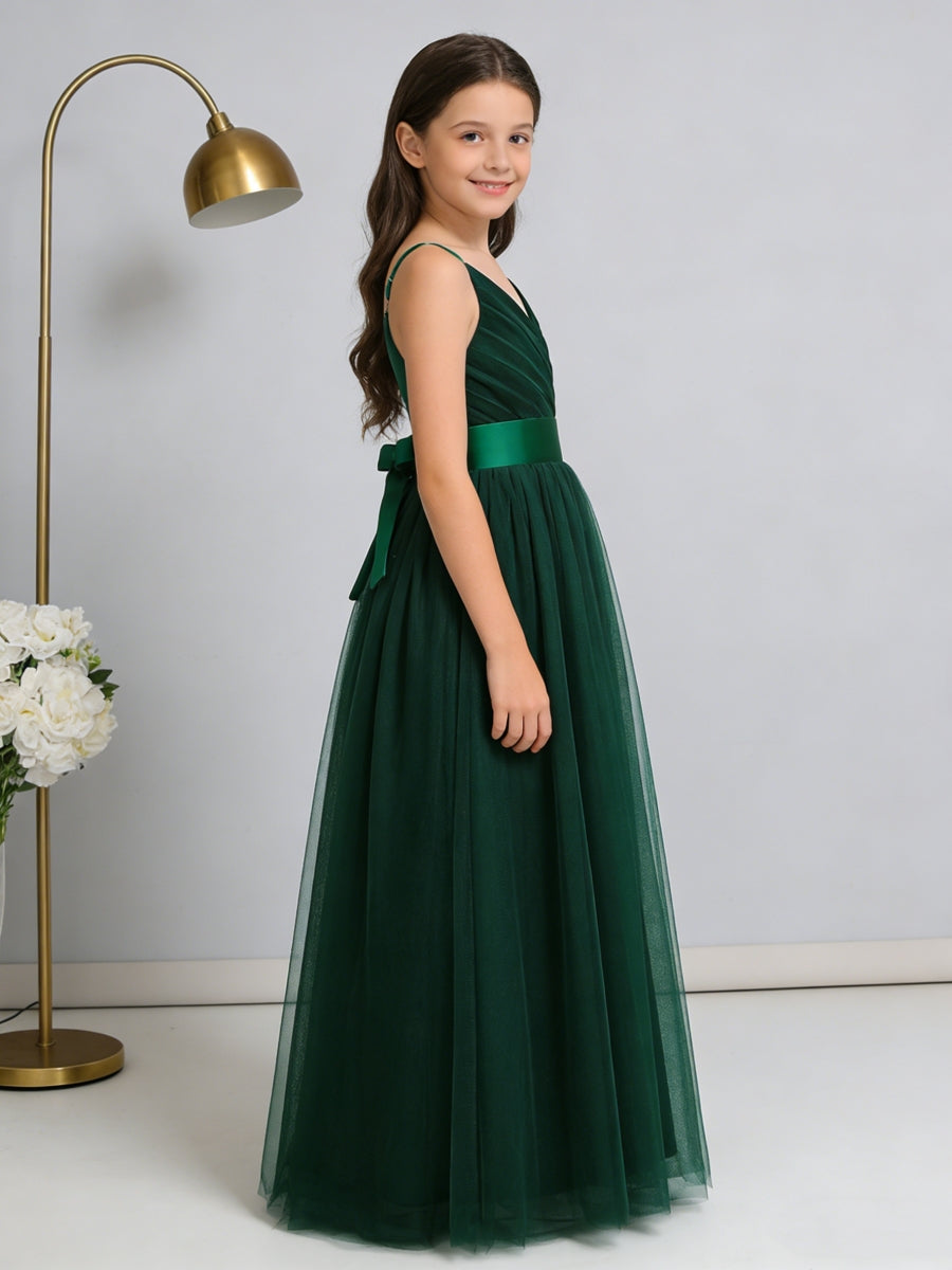 Chic Flower Girl Dress Spaghetti Strap V Neck Formal Gown with Bow Detail for Weddings Parties Pageants and Special Occasions