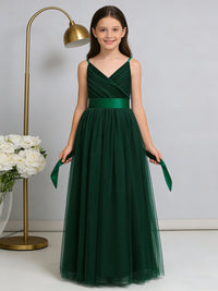 Chic Flower Girl Dress Spaghetti Strap V Neck Formal Gown with Bow Detail for Weddings Parties Pageants and Special Occasions