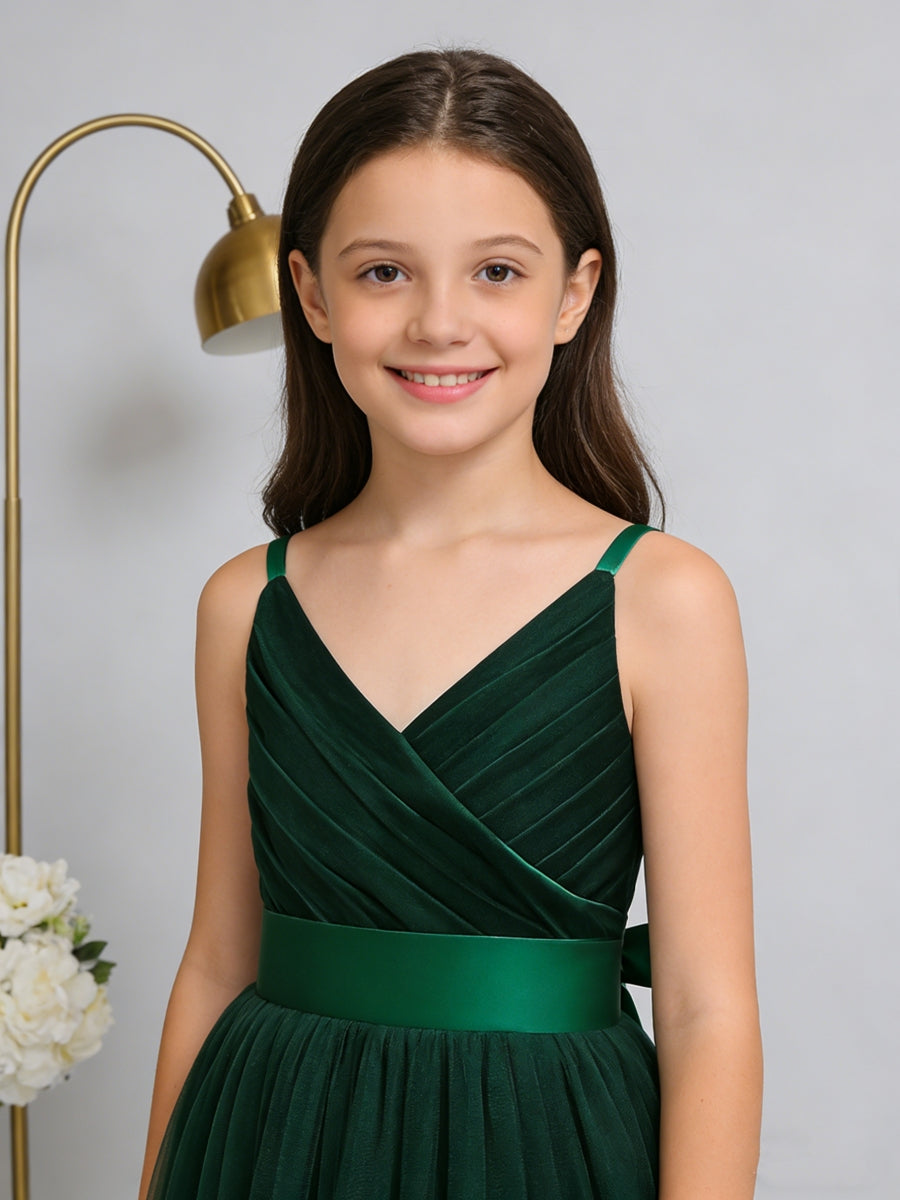 Chic Flower Girl Dress Spaghetti Strap V Neck Formal Gown with Bow Detail for Weddings Parties Pageants and Special Occasions