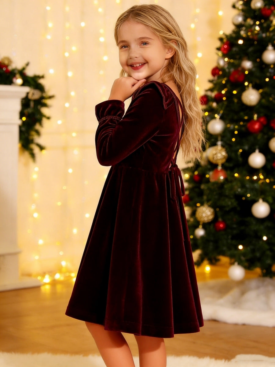 Elegant Long Sleeve Flower Girl Dress with Criss Cross Back and Bow Detail for Weddings Holidays Parties and Special Occasions