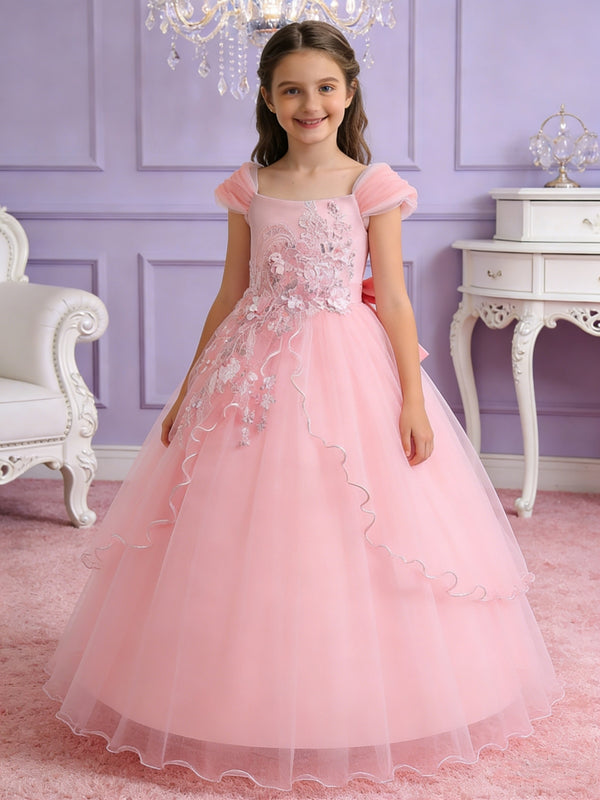 Princess Style Flower Girl Dress with Lace Appliques and Puff Sleeves for Weddings Formal Events and Special Occasions