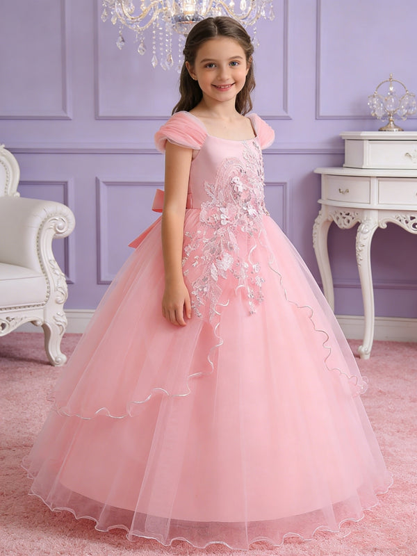 Princess Style Flower Girl Dress with Lace Appliques and Puff Sleeves for Weddings Formal Events and Special Occasions