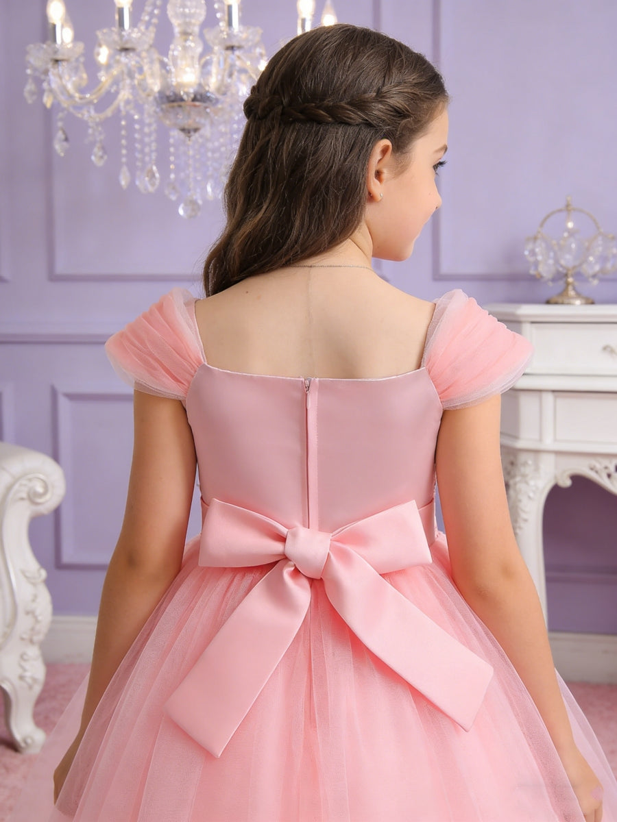 Princess Style Flower Girl Dress with Lace Appliques and Puff Sleeves for Weddings Formal Events and Special Occasions