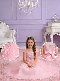 Princess Style Flower Girl Dress with Lace Appliques and Puff Sleeves for Weddings Formal Events and Special Occasions
