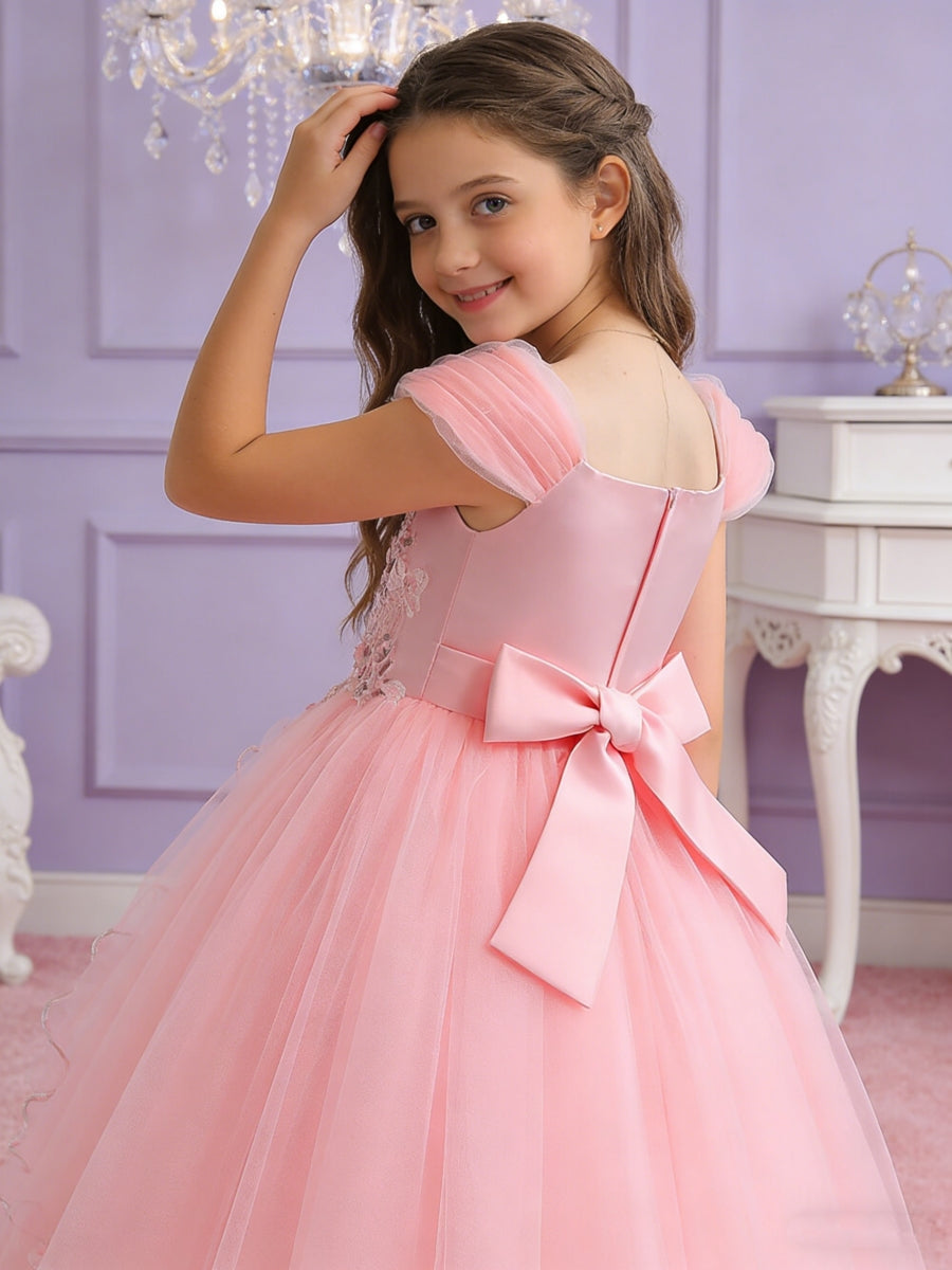 Princess Style Flower Girl Dress with Lace Appliques and Puff Sleeves for Weddings Formal Events and Special Occasions