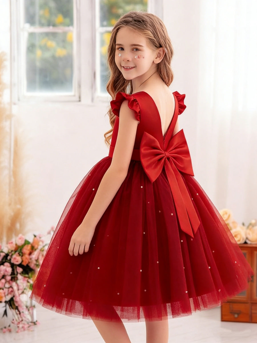 Flower Girl Dress with Ruffled Sleeves Back Bow and Pearl Details for Weddings Parties and Special Occasions