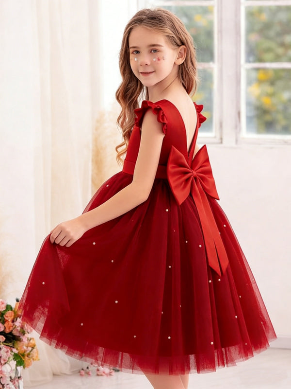 Flower Girl Dress with Ruffled Sleeves Back Bow and Pearl Details for Weddings Parties and Special Occasions