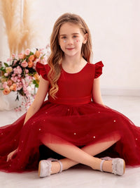 Flower Girl Dress with Ruffled Sleeves Back Bow and Pearl Details for Weddings Parties and Special Occasions