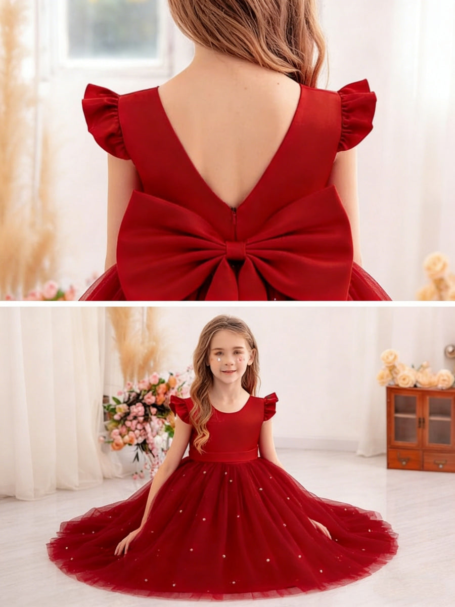 Flower Girl Dress with Ruffled Sleeves Back Bow and Pearl Details for Weddings Parties and Special Occasions